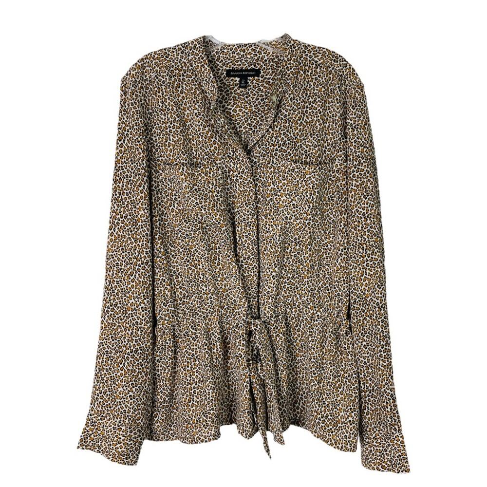 Banana Republic tan black animal print tie cinch button front top XL